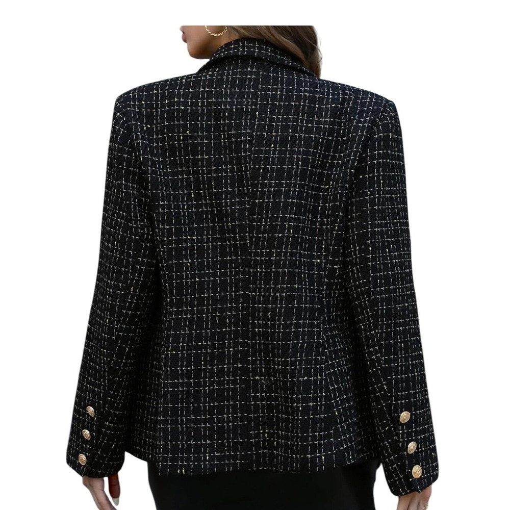 Elleven NWT SZ LGE Black Gold Plaid Double Breasted Blazer Jacket - Picture 4 of 16